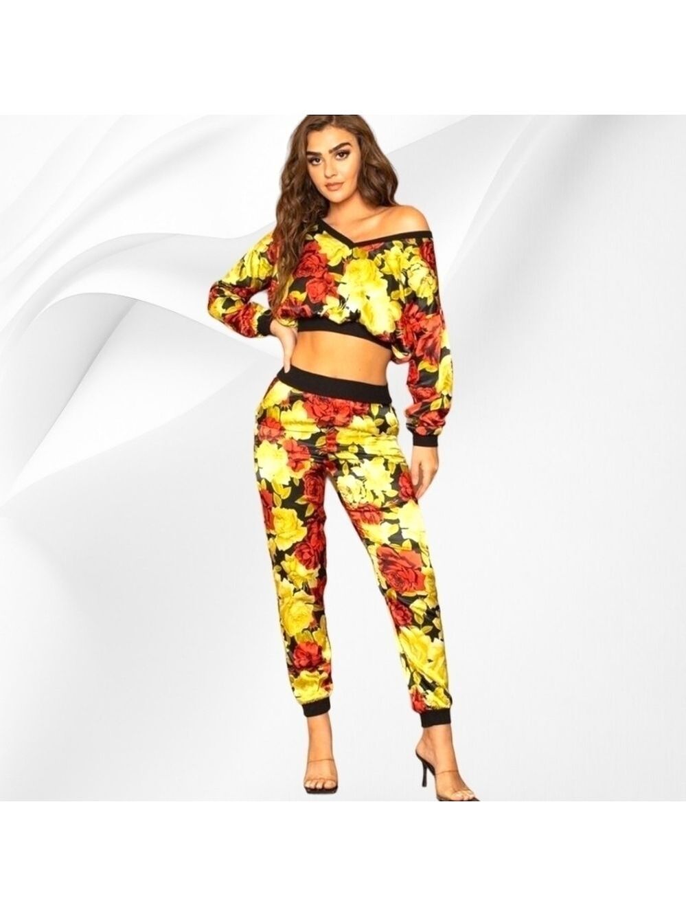 Symphony Rose Floral Print Crop Top & High-Waisted Pants Set